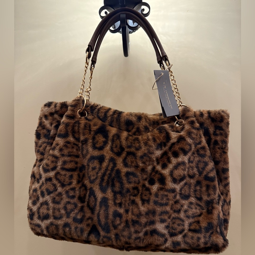 NWT Expressions NYC Cheetah Leopard Brown Faux Fur Tote Shoulder Bag Gold Chain